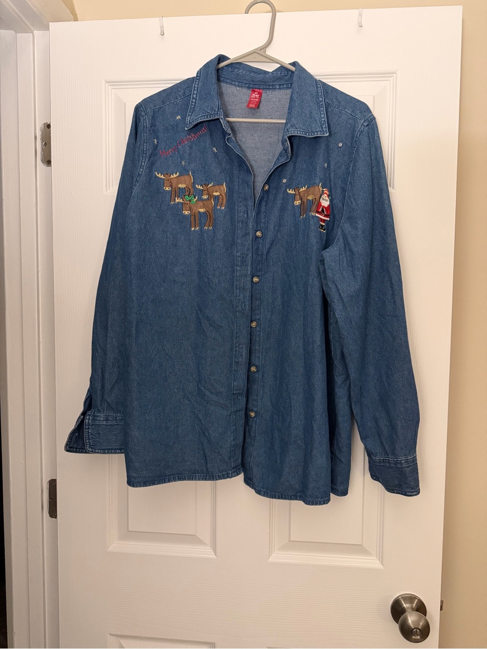 White Stag Blue Denim Button-Down Shirt with Holiday Embroidery